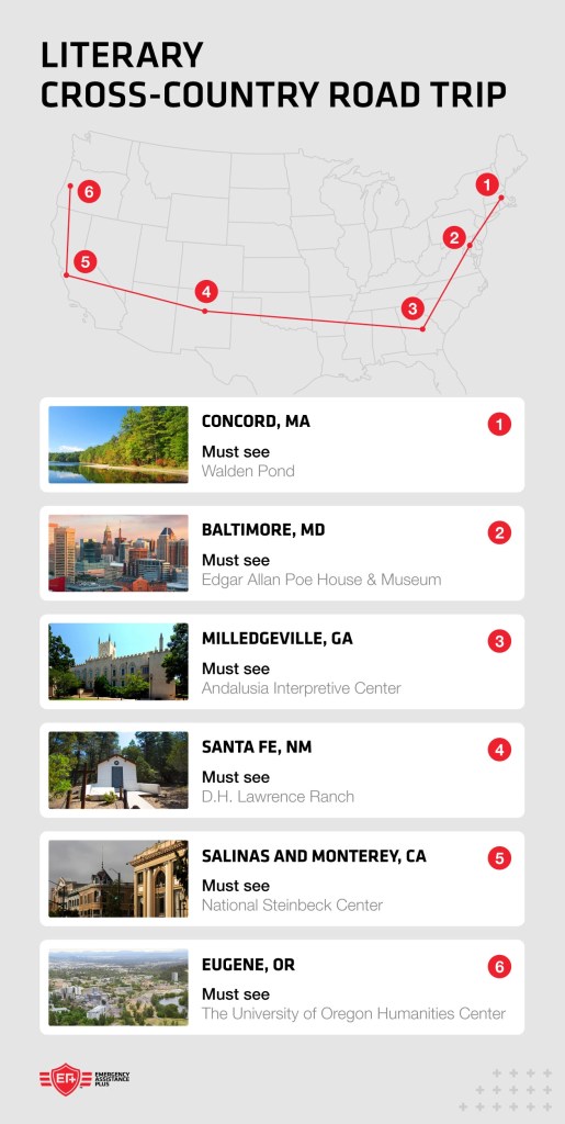 alt text: Cross-country road trip map of literary landscapes with pinned stops to six cities like Baltimore, MD, and Eugene, OR.