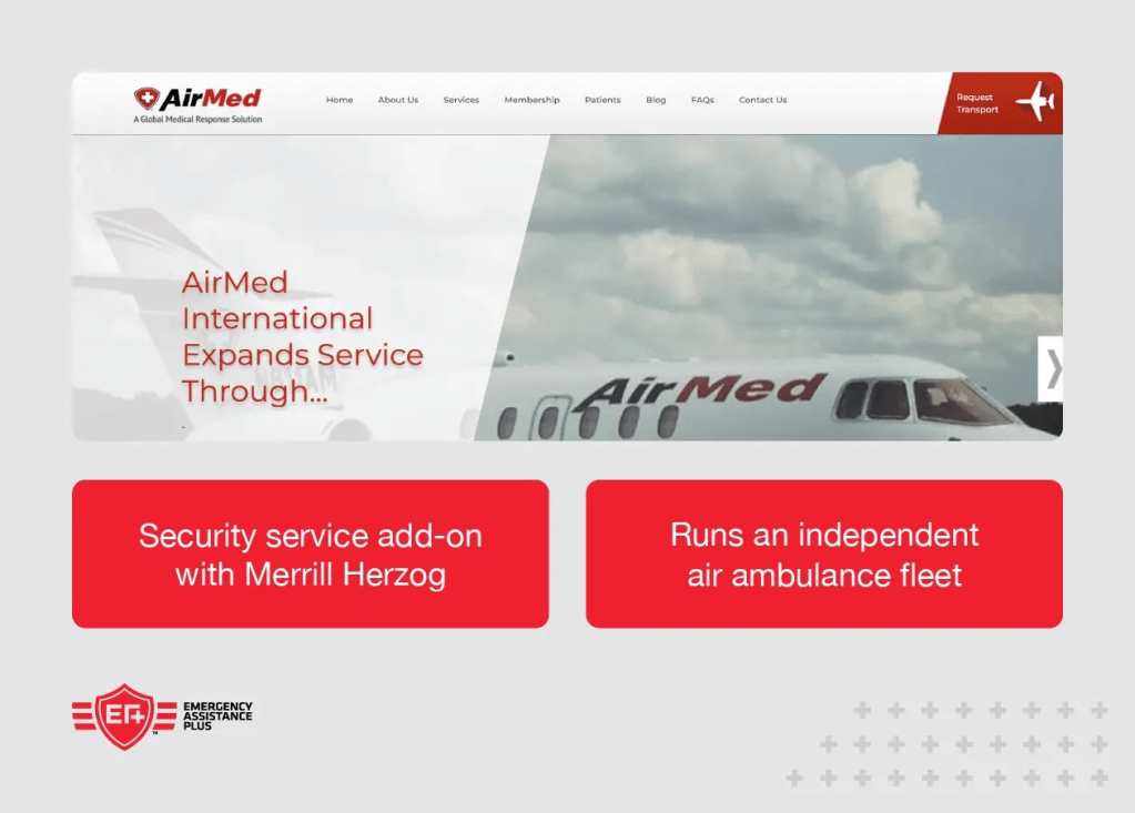 Screenshot of AirMed International website with annotations including “security service add-on with Merril Herzog”